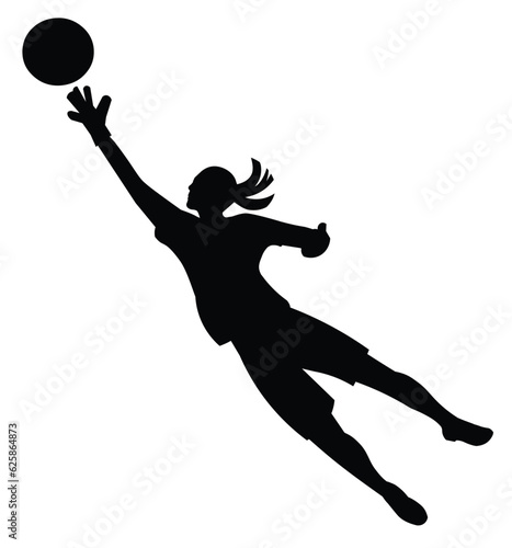 Isolated silhouette of a girl football goalkeeper jumping high in the goal to save the ball with her hand