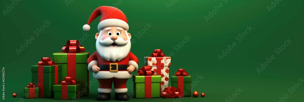 3D Santa Claus with a bunch of gifts over green background made with Generative AI.