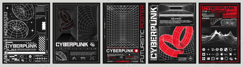 Modern y2k design background cover. Retro futuristic design elements, perspective grid graphic with lines, wireframes, futuristic shape. Black and white retro hud cyberpunk style. Vector illustration