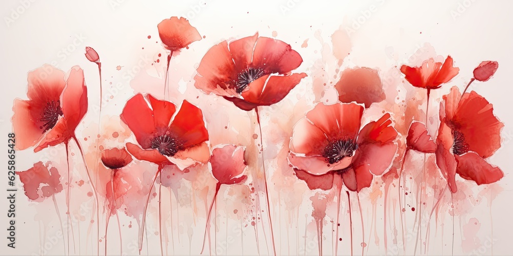 red watercolor flowers - In a captivating display of red hues, watercolor flowers bloom on a textured canvas. Red Watercolor Flowers Generative Ai Digital Illustration - obrazy, fototapety, plakaty 