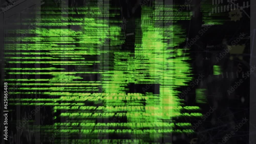 Animation of computer language over icons and connected dots against server room in background Animation of computer language over icons and connected dots against server room in background