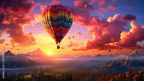 a hot air balloon floating against a multicolored sky at sunset: The whimsical silhouette of a hot air balloon ascending into the sky, with the setting sun creating a captivating backdrop of hues, por