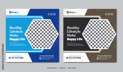 Medical social media post template; health banner template for social media; medical square ad design