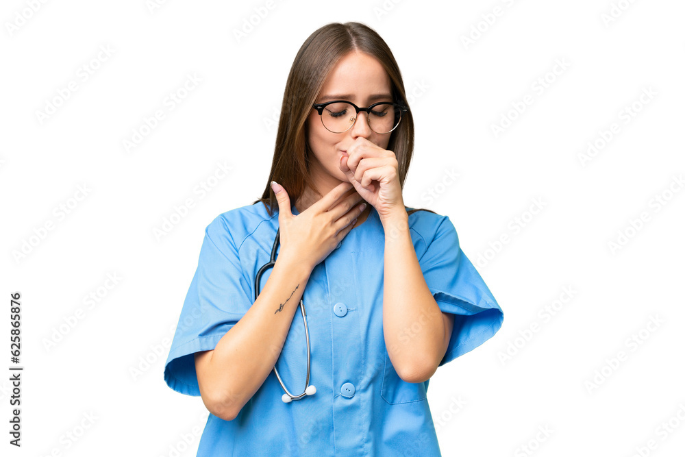 Young nurse caucasian woman over isolated background is suffering with cough and feeling bad Young nurse caucasian woman over isolated background is suffering with cough and feeling bad