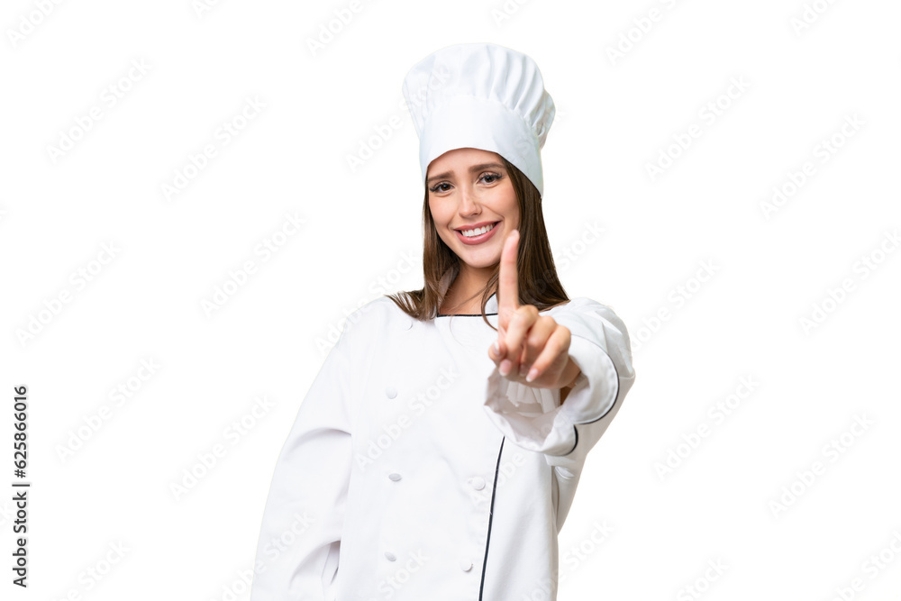 Young chef caucasian woman over isolated background showing and lifting a finger Young chef caucasian woman over isolated background showing and lifting a finger