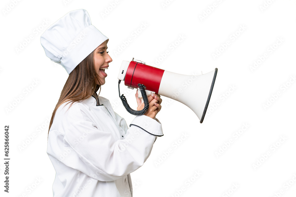 Young chef caucasian woman over isolated background shouting through a megaphone Young chef caucasian woman over isolated background shouting through a megaphone