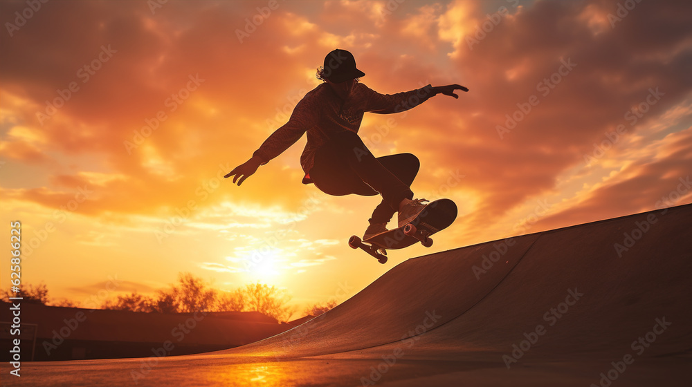 a skateboarder performing tricks in a skate park at golden hour: The dynamic silhouette of a skateboarder mid-air, with the setting sun casting long shadows and enhancing the energy and creativity of a skateboarder performing tricks in a skate park at golden hour: The dynamic silhouette of a skateboarder mid-air, with the setting sun casting long shadows and enhancing the energy and creativity of