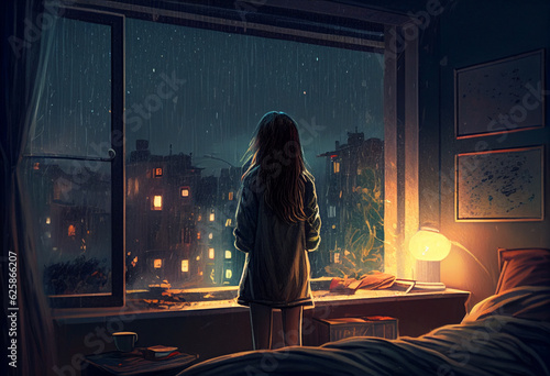 Teenage girl looking out the window on a rainy day. AI Generated