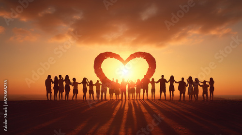 a group of people forming a heart shape with their hands against a stunning sunset