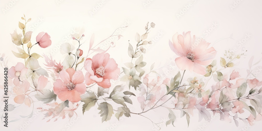 An exquisite watercolor flower border adorns a textured canvas, its delicate blooms and foliage forming a frame of beauty and grace.  Tropical Watercolor Flowers Generative Ai Digital Illustration