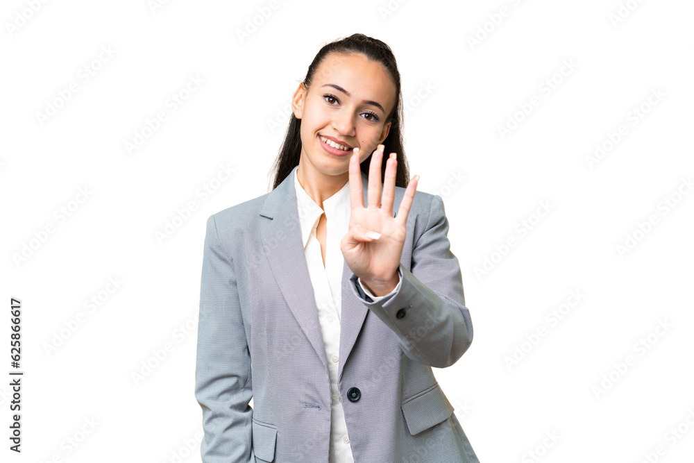 Young Arabian woman over isolated chroma key background happy and counting four with fingers Young Arabian woman over isolated chroma key background happy and counting four with fingers