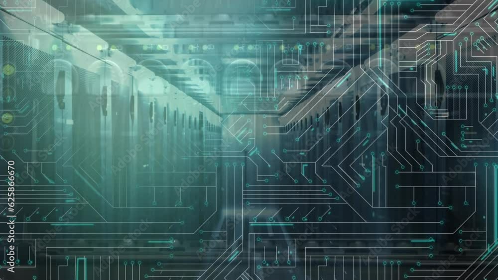 Animation of lines moving in circuit board pattern against server room in background Animation of lines moving in circuit board pattern against server room in background