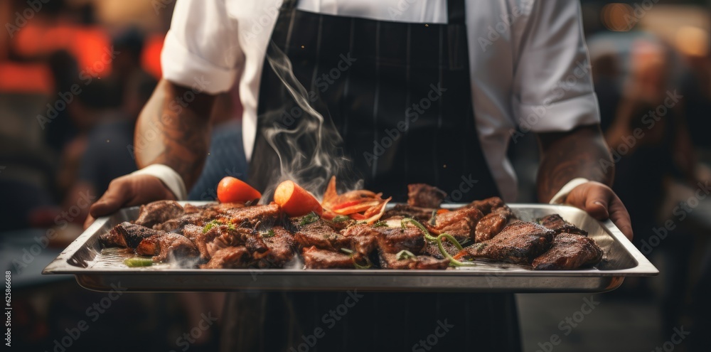 Chef hold a plate of grilled meat food