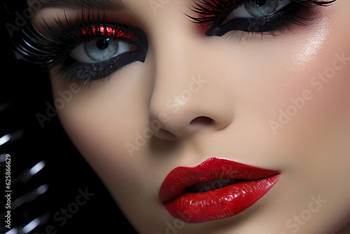 Close up portrait of young woman with red lips and striking smoky eyes make up