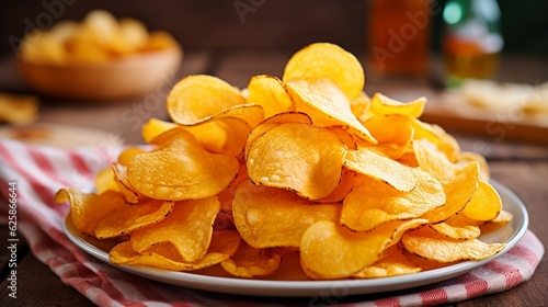 Fried potato chips are on a plate in the kitchen. Homemade chips, snack