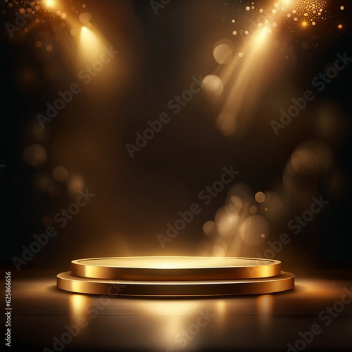 Gold podium on dark background with smoke. Empty pedestal for award ceremony. Platform illuminated by spotlights. Made with generative ai