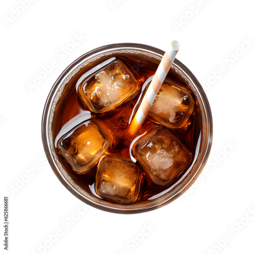 Fotografiet Cola with ice cubes in glass top view isolated on white background