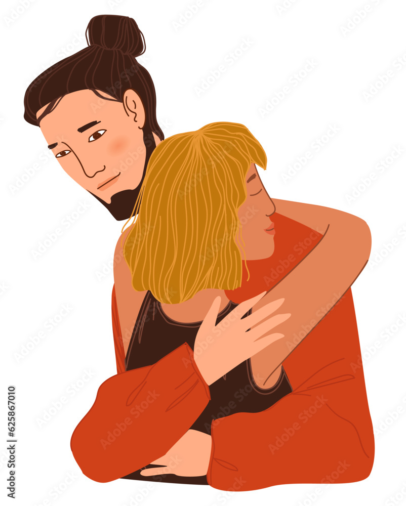 Man and woman cuddling, couple in love hugging