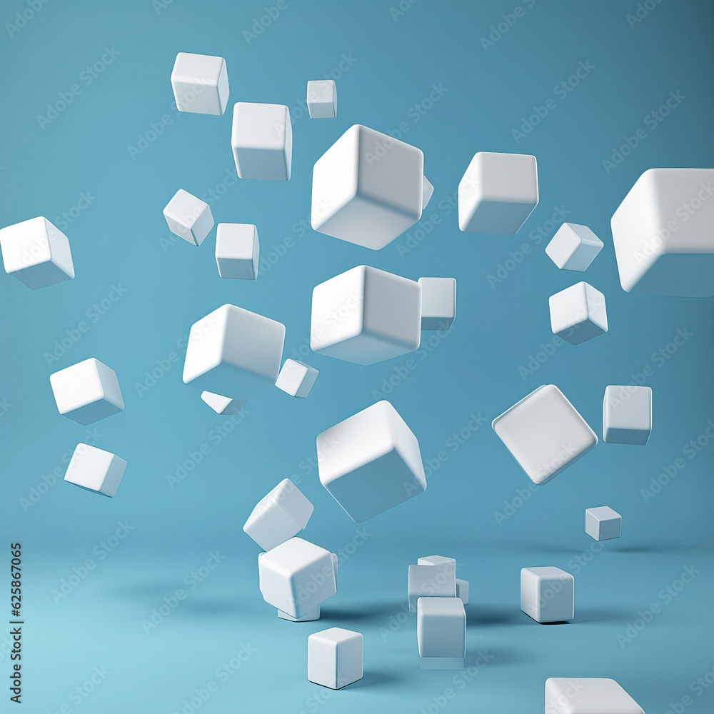 3D white cubes with rounded corners levitate in the air,abstract blue background with squares 3D white cubes with rounded corners levitate in the air,abstract blue background with squares