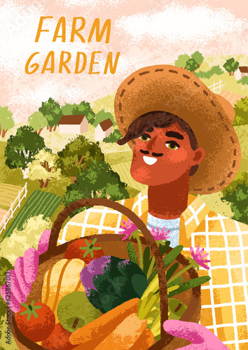 Farmer and harvest, agriculture card. Farm worker in hat holding garden fruits and vegetables in basket. Happy man with organic natural crops at countryside, rural nature. Flat vector illustration