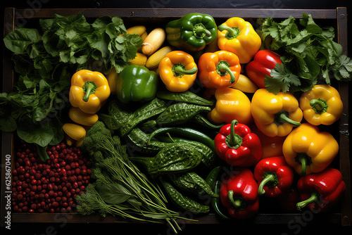 An overhead view of fresh different vegetables. Bell peppers  herbs  broccoli. Vegetable wallpaper for fresh produce market.