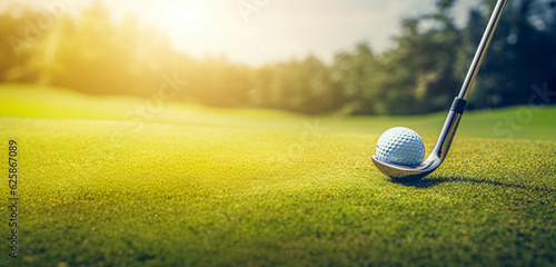 Golf club and ball in grass. wide panoramic banner. digital ai