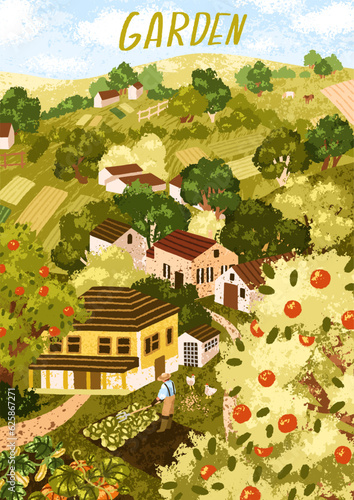 Farm fields and gardens, country houses, rural summer nature card. Agriculture plantations, pastures, organic green farmlands, grasslands at countryside, village postcard. Flat vector illustration