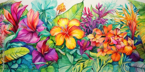 a Pixar rendering of tropical watercolor flowers  bringing the vibrant blooms to life with intricate details and subtle lighting  Tropical Watercolor Flowers Generative Ai Digital Illustration