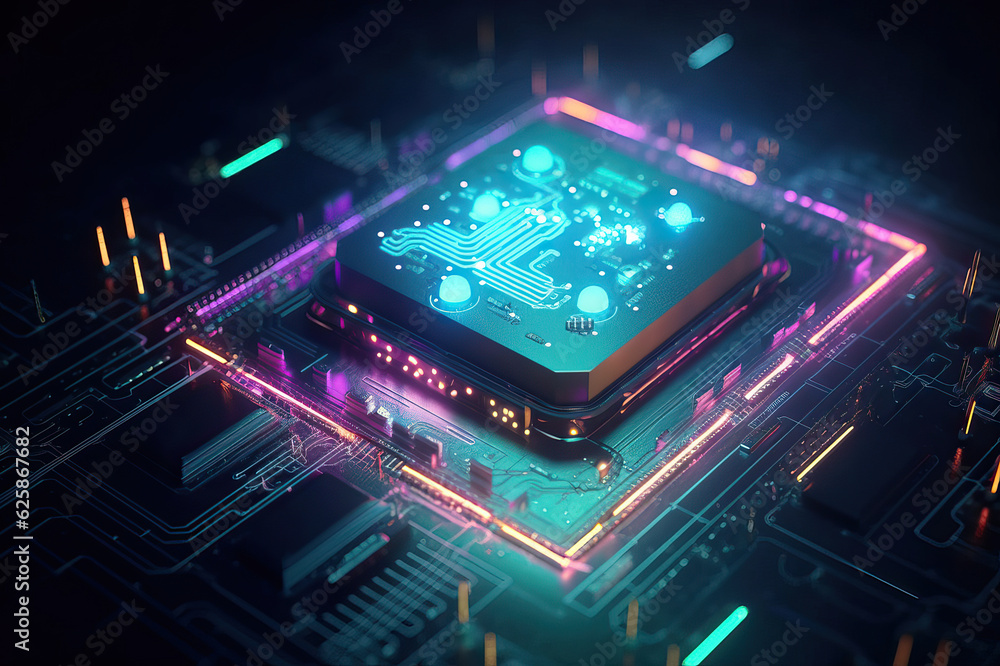 A 3D rendering of a neon microchip circuit board with a neon,electronic circuit board,electronic circuit board with processor