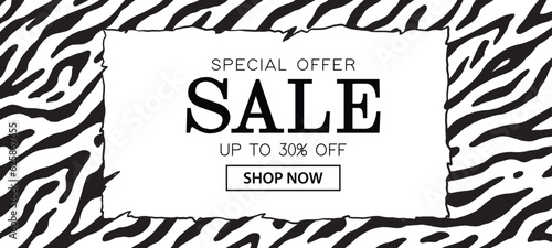 Sale website banner zebra theme template. Summer Sale tag. Sale promotional material vector illustration. 