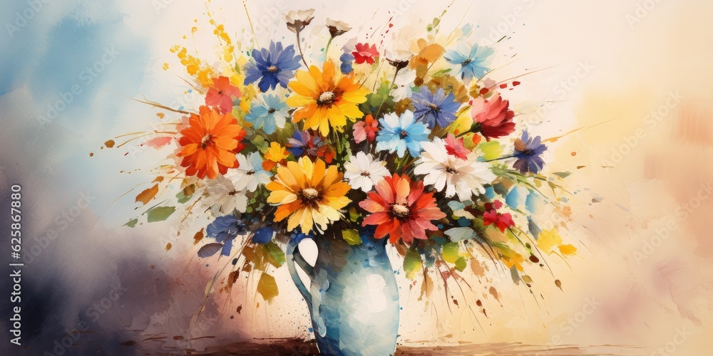 an oil painting of a watercolor flower vase inspired by Vincent van Gogh, portraying bold brushstrokes and vibrant colors,  Watercolor Flowers In Vase Generative Ai Digital Illustration