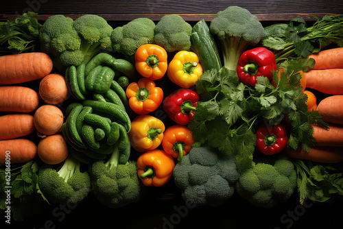An overhead view of fresh different vegetables. Bell peppers  herbs  broccoli. Vegetable wallpaper for fresh produce market.