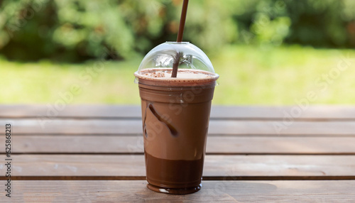 chocolate milkshake in disposable plastic glass with straw on wooden table outdoors