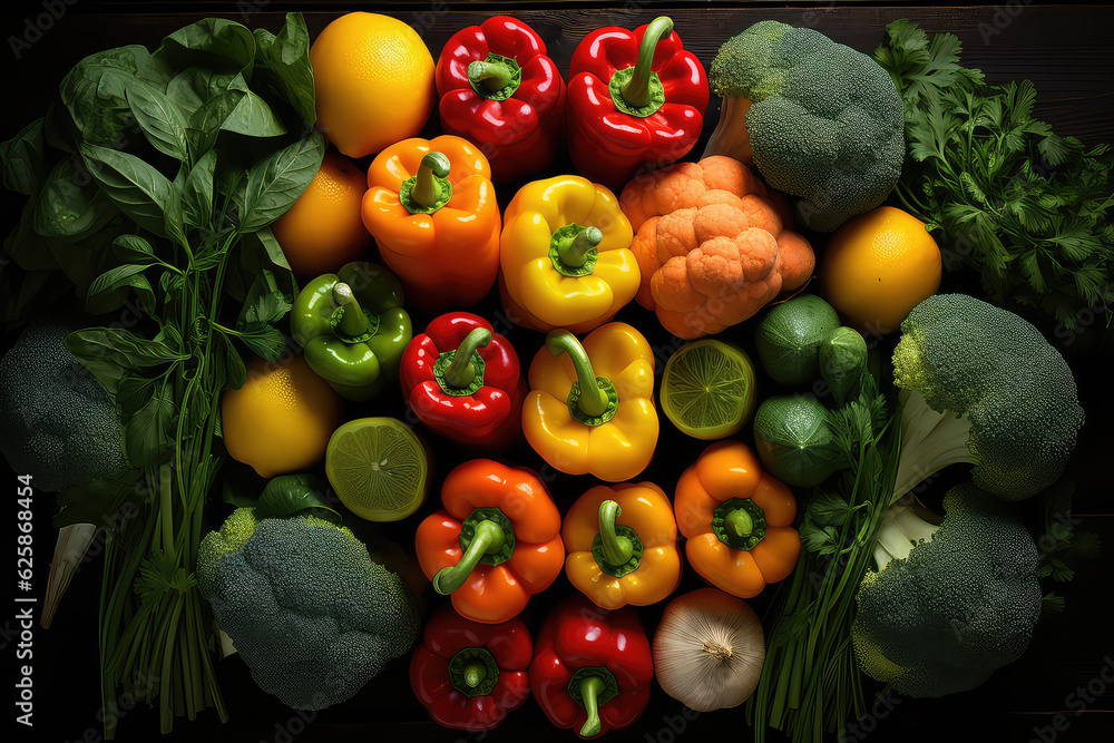 An overhead view of fresh different vegetables. Bell peppers, herbs, broccoli. Vegetable wallpaper for fresh produce market.