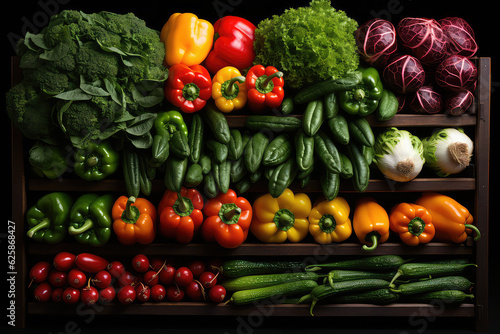 An overhead view of fresh different vegetables. Bell peppers  herbs  broccoli. Vegetable wallpaper for fresh produce market.