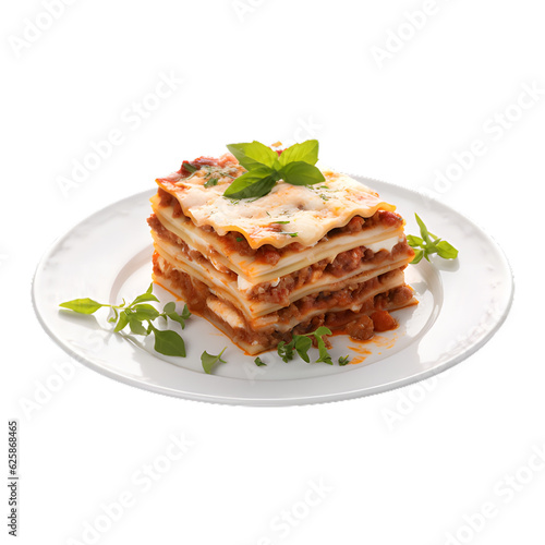 Tasty hot Lasagna served with a basil leaf on white plate