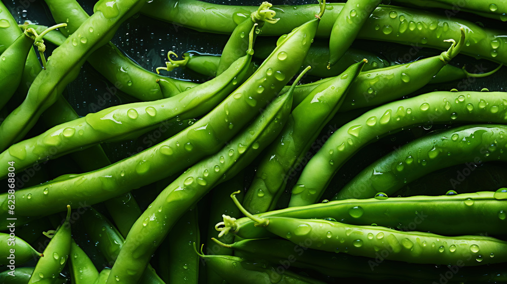 Fresh green beans with water drops background. Vegetables backdrop. Generative AI