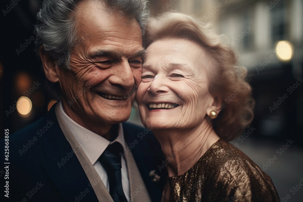 Couple in their 70s smiling and embracing, dressed for an evening downtown, urban background Couple in their 70s smiling and embracing, dressed for an evening downtown, urban background
