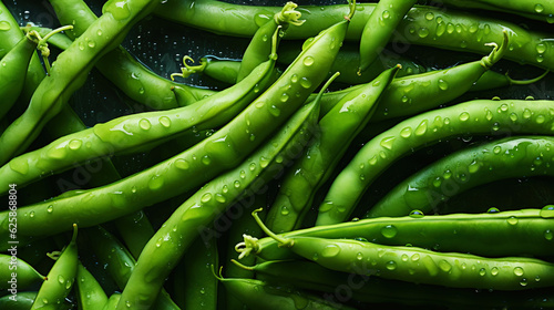 Fresh green beans with water drops background. Vegetables backdrop. Generative AI