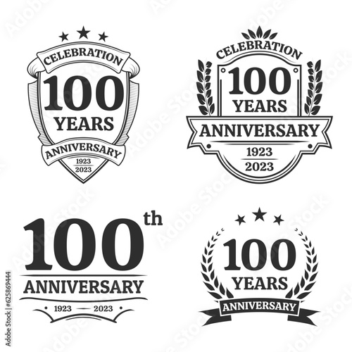 100 years anniversary icon or logo set. Vintage birthday banner design. 100th anniversary jubilee celebration badge or label collection. Vector illustration.