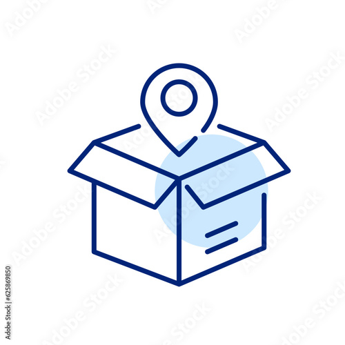 Delivery location. Open box and map pointer. Pixel perfect, editable stroke icon