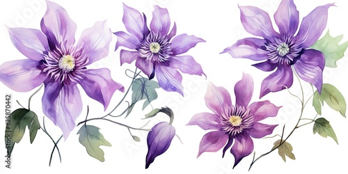   Hand-Painted Watercolor Clematis - Exquisite Floral Illustration Set with Beautiful Flowers and Leaves Purple Watercolor Flowers Generative Ai Digital Illustration