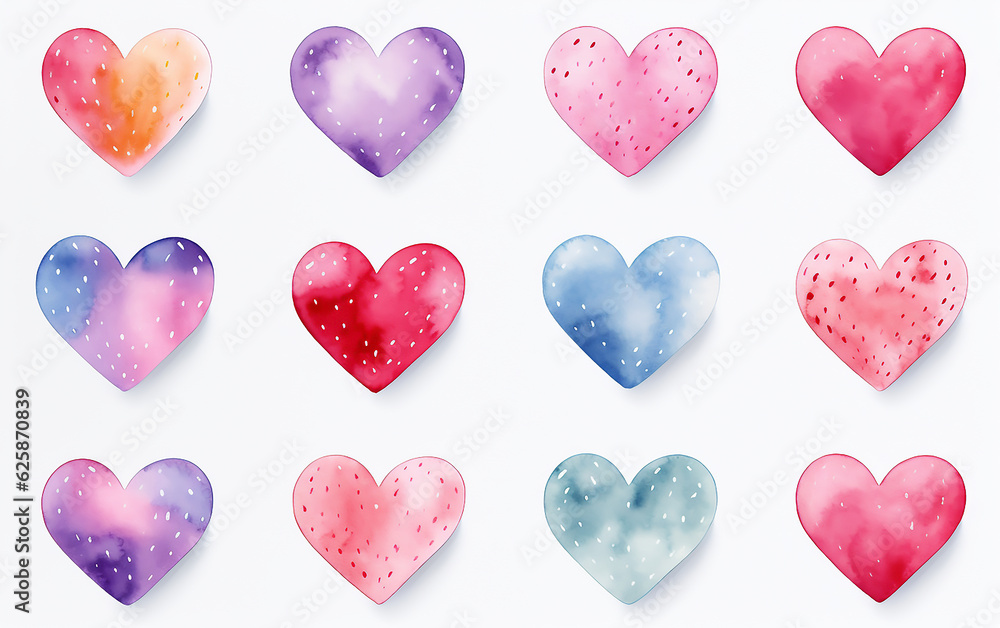 Watercolor pattern with hearts on white background. Generative AI technology.