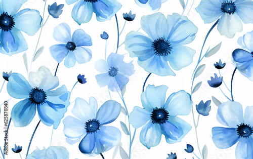 Watercolor blue pattern with flowers on white background. Generative AI technology.