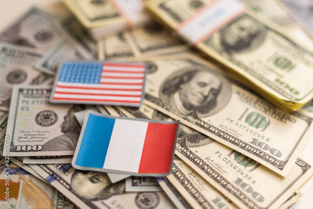 us and france flags with euro and dollar banknotes mixed image us and france flags with euro and dollar banknotes mixed image