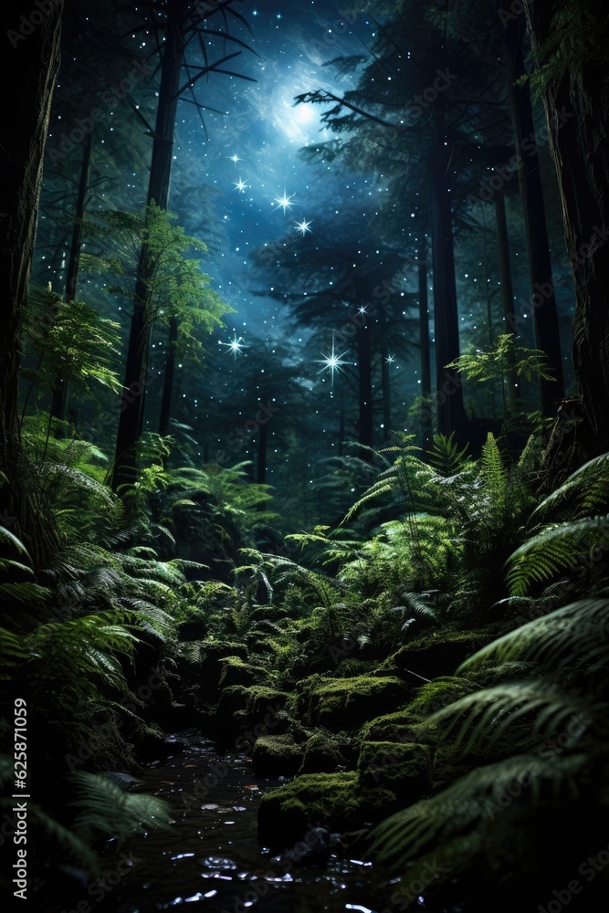 At night, a starlit forest abounds with trees and ferns. (Generative AI)