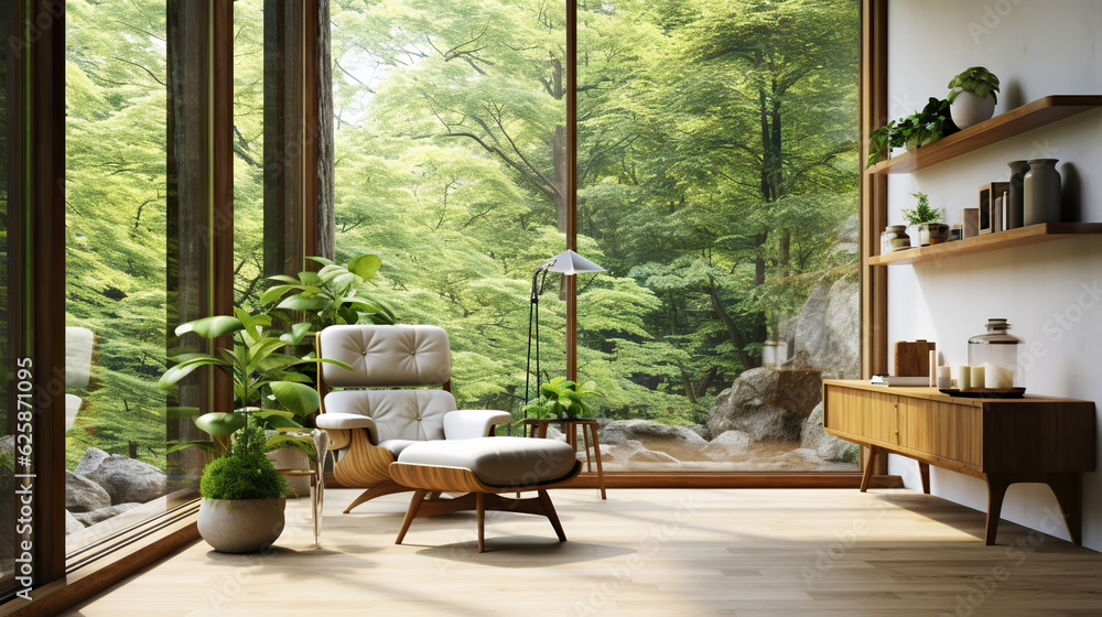 Fototapeta premium Modern room in house surrounded with forest. Large windows, organic architecture. Generative AI