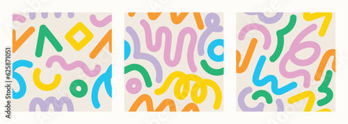 Set of doodle in seamless pattern. Abstract art background vector design with childish scribble, wavy, doodle in vibrant color. Fun creative illustration for kids, fabric, prints, cover.