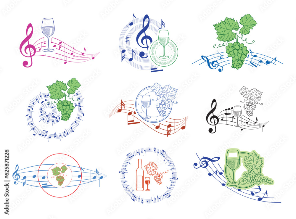 grape bunches and wine glasses with music notes - vector decorative design elements