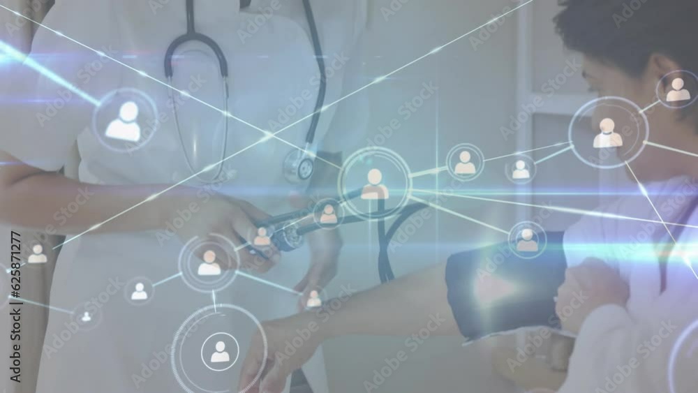 Animation of connected profile icons over caucasian doctor examining blood pressure of patient Animation of connected profile icons over caucasian doctor examining blood pressure of patient